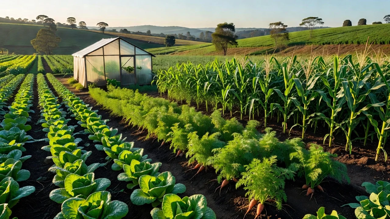 Horta de agricultura familiar com alface, cenoura e milho no interior do Brasil