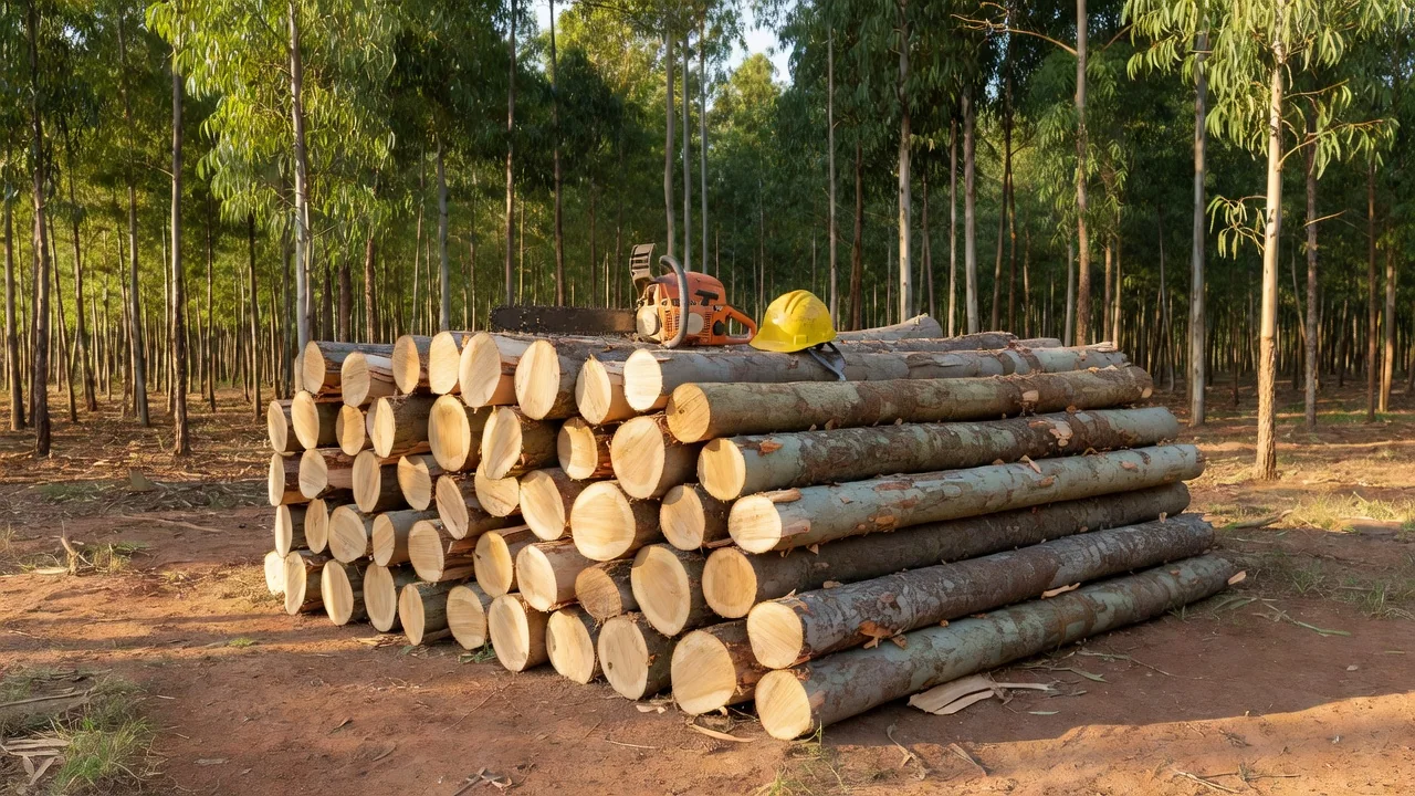 Toras de eucalipto cortadas em manejo florestal com motosserra e capacete de segurança